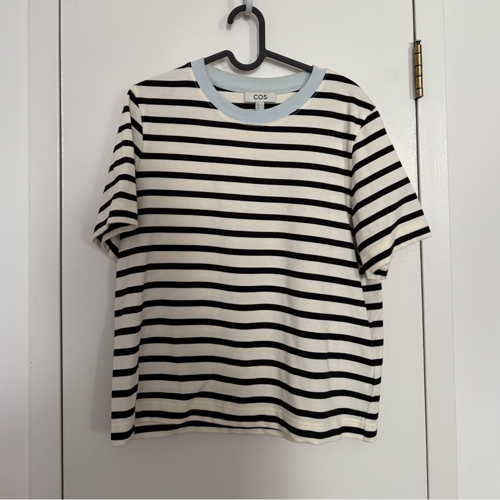 COS Black and White Striped Short Sleeve Tee with Light Blue Neck